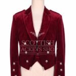 Burgundy velvet Prince Charlie jacket with peak lapels and silver buttons, matching waistcoat - front view
