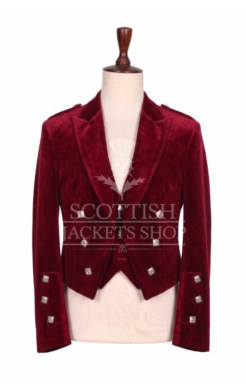 Burgundy velvet Prince Charlie jacket with peak lapels and silver buttons, matching waistcoat - front view