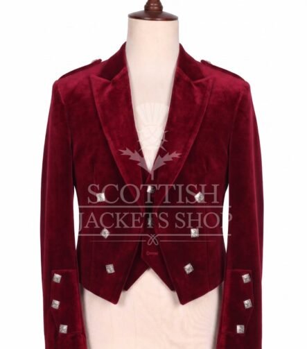 Burgundy velvet Prince Charlie jacket with peak lapels and silver buttons, matching waistcoat - front view