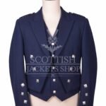Navy blue wool Prince Charlie jacket with self-fabric lapels and silver buttons - front view