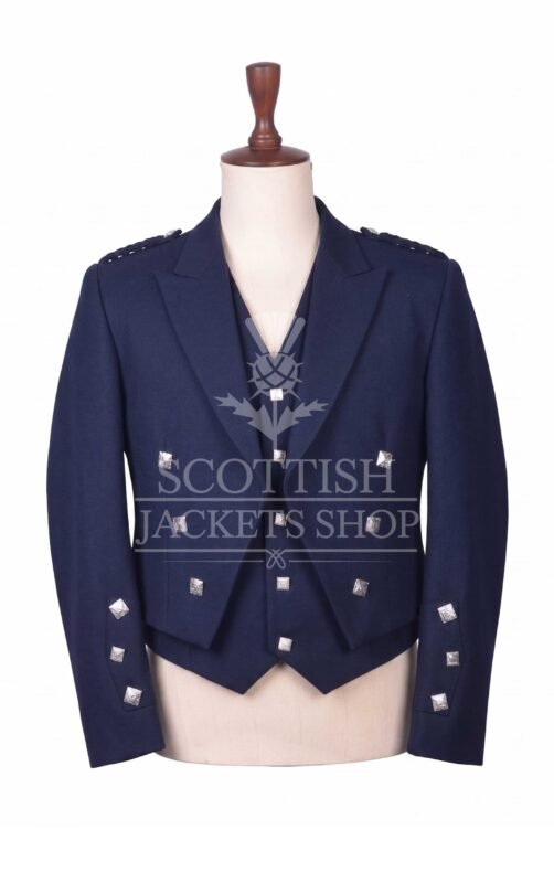 Navy blue wool Prince Charlie jacket with self-fabric lapels and silver buttons - front view