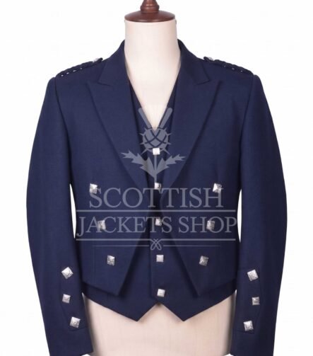 Navy blue wool Prince Charlie jacket with self-fabric lapels and silver buttons - front view