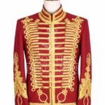Maroon military jacket with dense gold embroidery, mandarin collar and matte gold buttons - front view