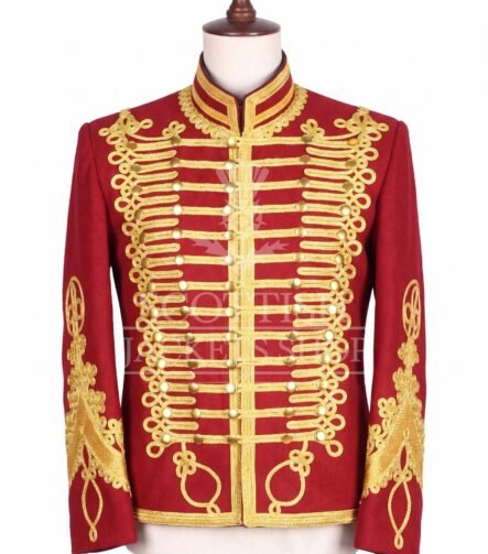 Maroon military jacket with dense gold embroidery, mandarin collar and matte gold buttons - front view