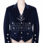 Navy blue velvet Prince Charlie jacket with peak lapels and silver buttons, matching waistcoat - front view