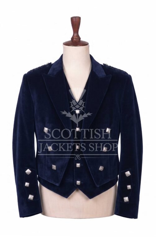 Navy blue velvet Prince Charlie jacket with peak lapels and silver buttons, matching waistcoat - front view