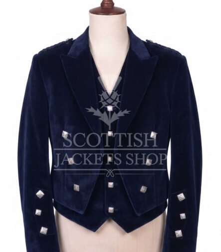 Navy blue velvet Prince Charlie jacket with peak lapels and silver buttons, matching waistcoat - front view