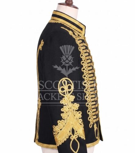Black military jacket with dense gold embroidery, mandarin collar and matte gold buttons - side view