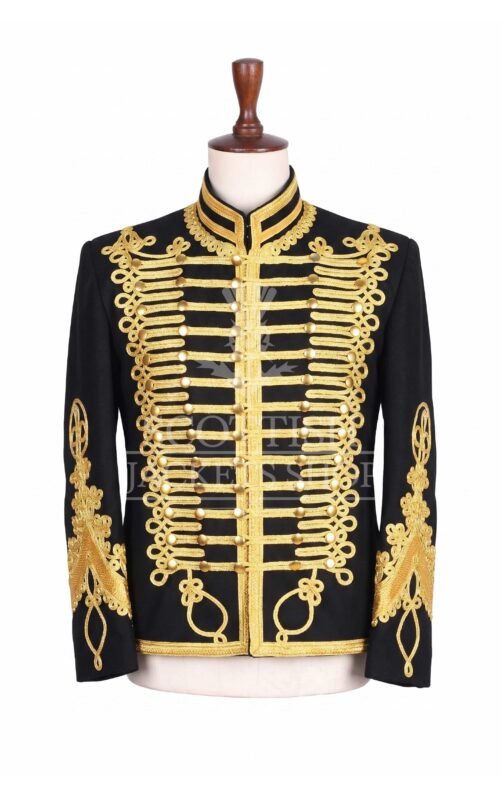 Black military jacket with dense gold embroidery, mandarin collar and matte gold buttons - front view