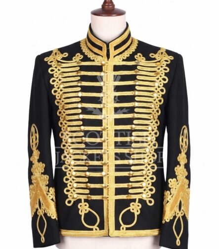 Black military jacket with dense gold embroidery, mandarin collar and matte gold buttons - front view
