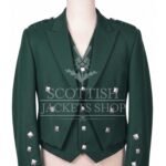Green wool Prince Charlie jacket with self-fabric lapels and silver buttons, matching waistcoat - front view