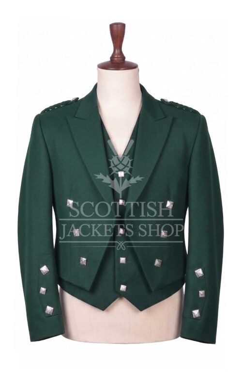 Green wool Prince Charlie jacket with self-fabric lapels and silver buttons, matching waistcoat - front view