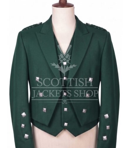 Green wool Prince Charlie jacket with self-fabric lapels and silver buttons, matching waistcoat - front view
