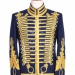 Navy military jacket with dense gold embroidery, mandarin collar and matte gold buttons - front view