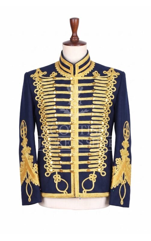 Navy military jacket with dense gold embroidery, mandarin collar and matte gold buttons - front view