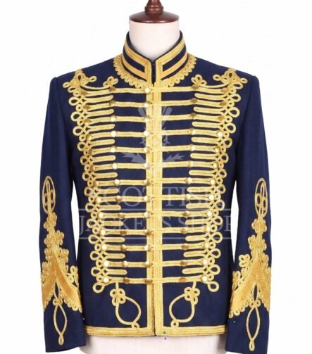 Navy military jacket with dense gold embroidery, mandarin collar and matte gold buttons - front view