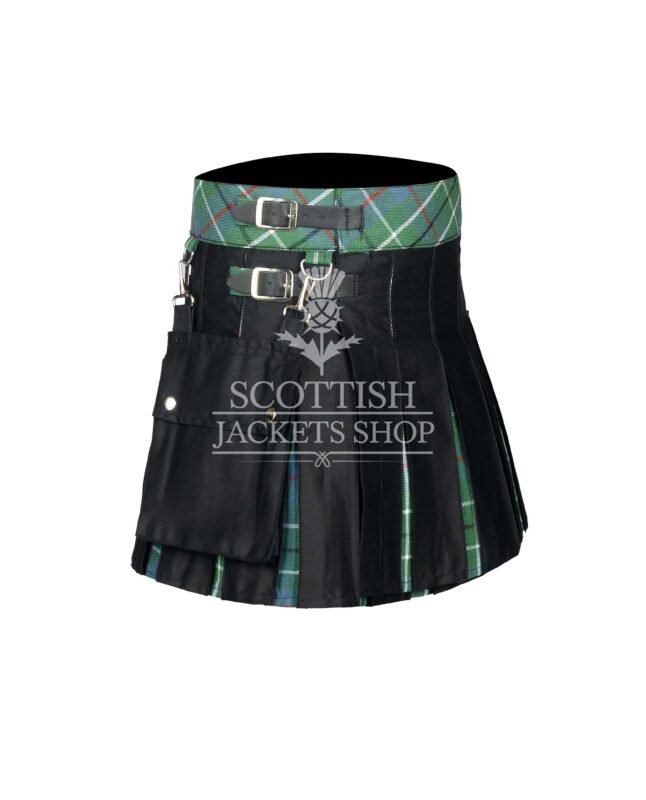 Women's Duncan Ancient Tartan Black Hybrid Mini Skirt crafted from premium wool with authentic Duncan Ancient tartan and modern black hybrid design