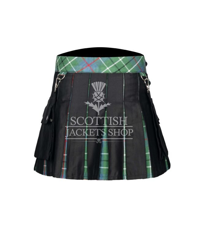 Women's Duncan Ancient Tartan Black Hybrid Mini Skirt crafted from premium wool with authentic Duncan Ancient tartan and modern black hybrid design