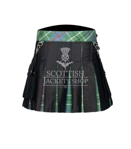 Women's Duncan Ancient Tartan Black Hybrid Mini Skirt crafted from premium wool with authentic Duncan Ancient tartan and modern black hybrid design