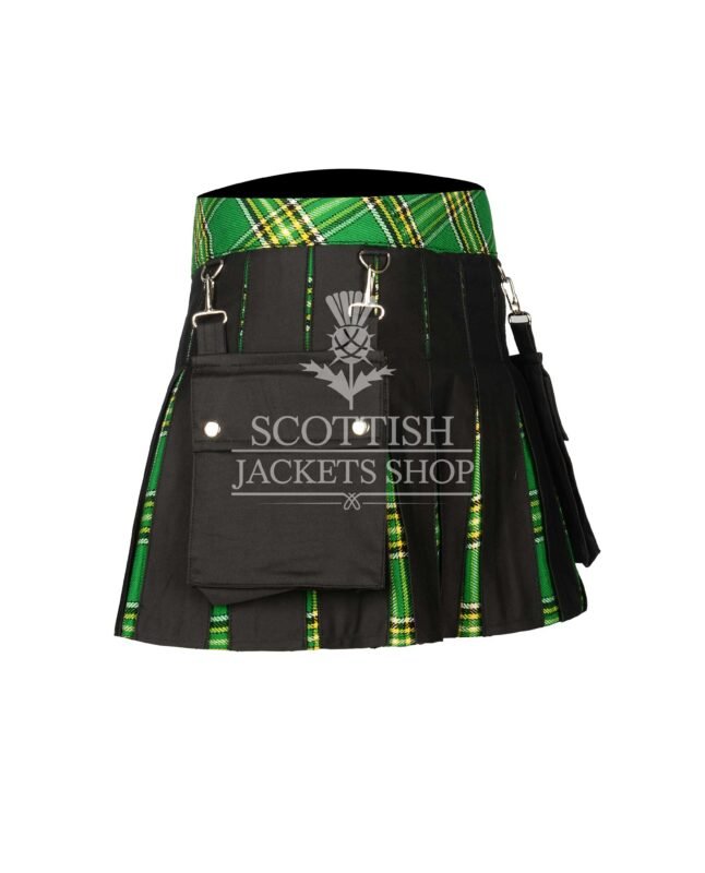 Women's Irish Tartan Black Hybrid Mini Skirt crafted from premium wool with authentic Irish tartan and modern black hybrid design