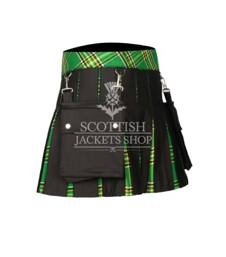 Women's Irish Tartan Black Hybrid Mini Skirt crafted from premium wool with authentic Irish tartan and modern black hybrid design