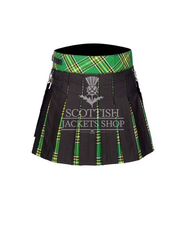 Women's Irish Tartan Black Hybrid Mini Skirt crafted from premium wool with authentic Irish tartan and modern black hybrid design