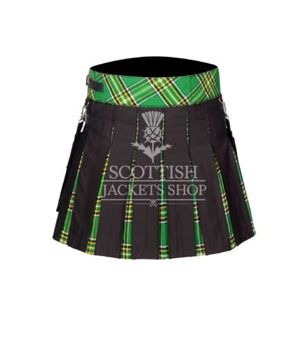 Women's Irish Tartan Black Hybrid Mini Skirt crafted from premium wool with authentic Irish tartan and modern black hybrid design