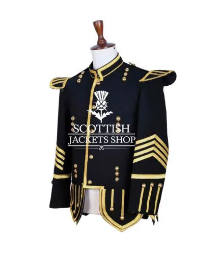 Black Wool Gold Braided Scottish Piper Drummer Doublet Jacket