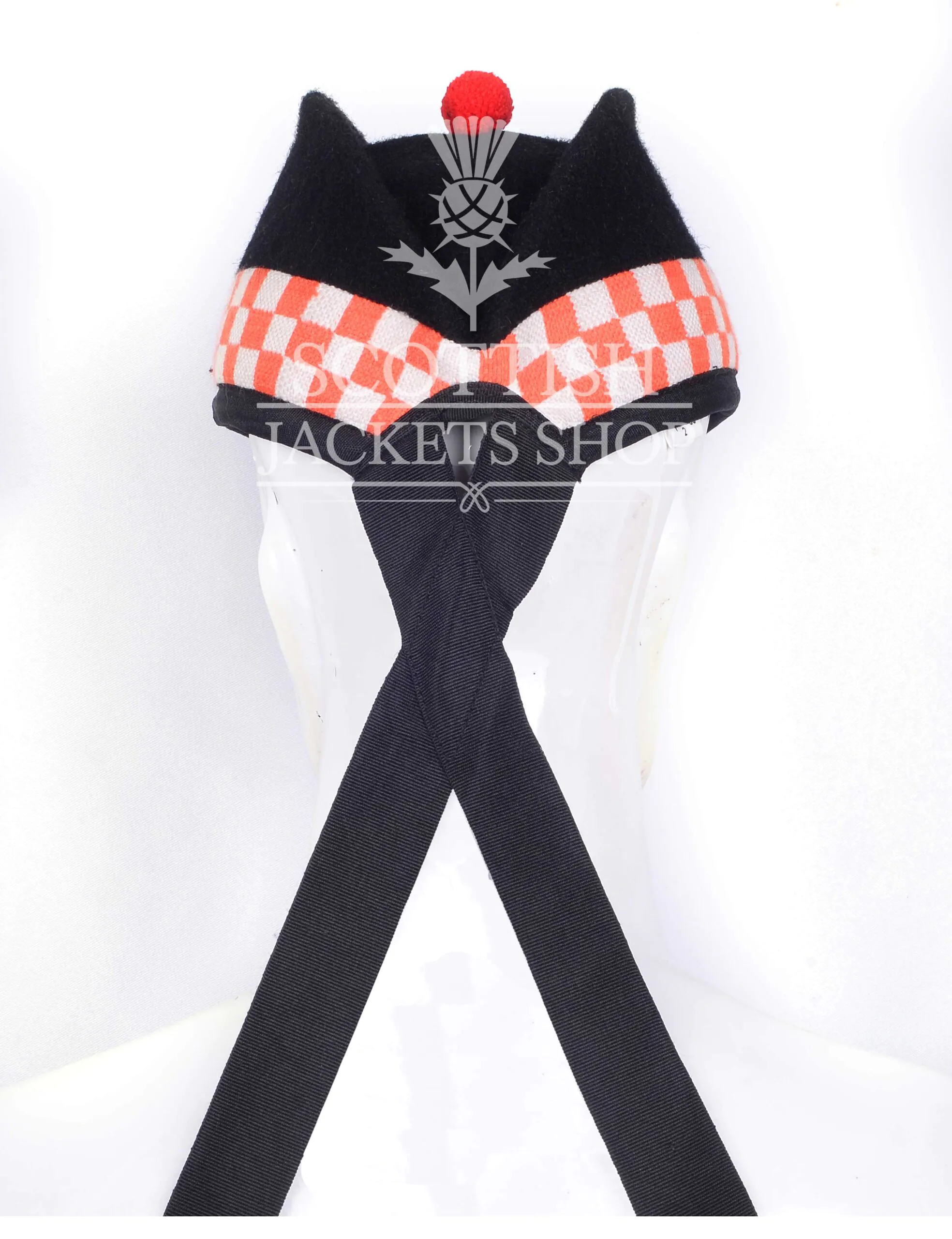 Black Wool Orange White Diced Glengarry Cap - Image 3