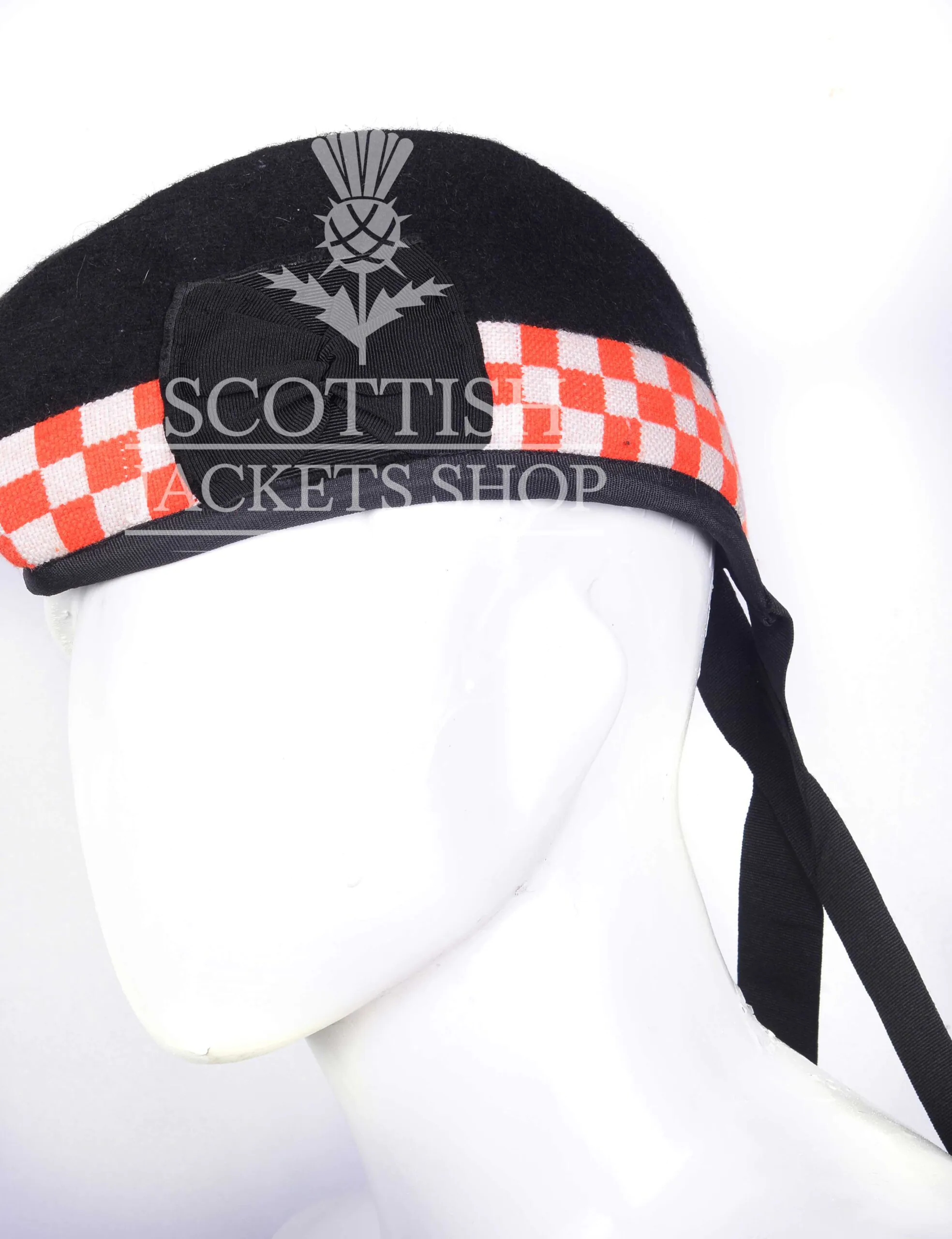 Black Wool Orange White Diced Glengarry Cap - Image 1